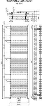 CONCEPT 200 TUBE EXTRA SP koupelnový radiátor 1655/450, středové připojení, matná bílá RAL9016 CTE16550450SM055002 Technický nákres