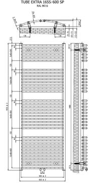 CONCEPT 200 TUBE EXTRA SP koupelnový radiátor 1655/600, středové připojení, matná bílá RAL9016 CTE16550600SM055002 Technický nákres