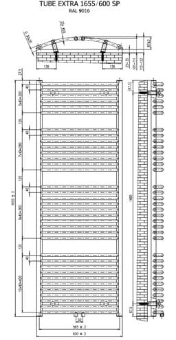 CONCEPT 200 TUBE EXTRA SP koupelnový radiátor 1655/600, středové připojení, matná černá CTE16550600SM515002 Technický nákres