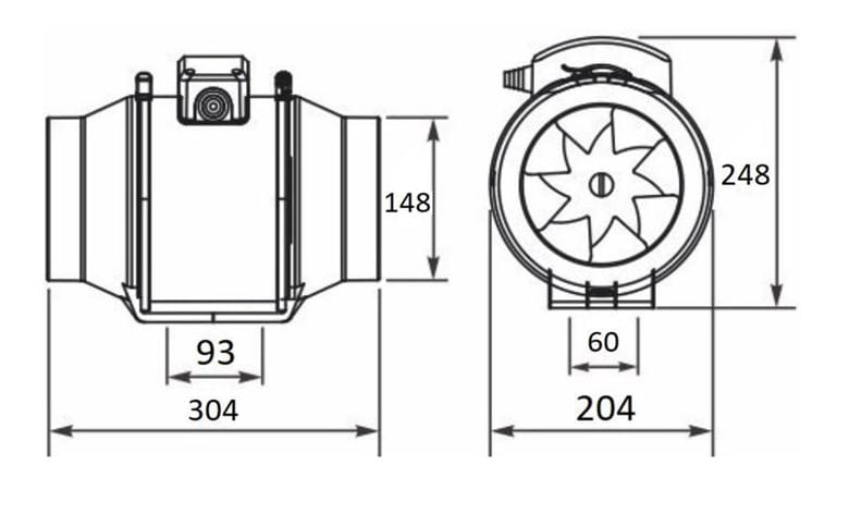 HACO DVP HIDE 150 S diagonální ventilátor 150 mm, potrubní 0948 Technický nákres