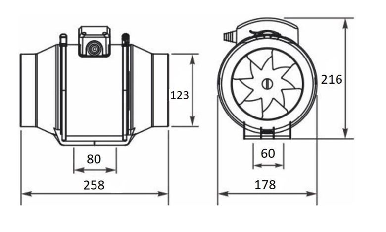 HACO DVP HIDE 125 S diagonální ventilátor 125 mm, potrubní 0947 Technický nákres