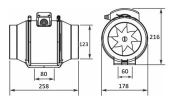 HACO DVP HIDE 125 S diagonální ventilátor 125 mm, potrubní 0947 Technický nákres