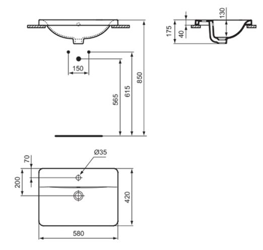 IDEAL STANDARD CONNECT umyvadlo 58 cm, s otvorem pro baterii a přepadem E504401 Technický nákres