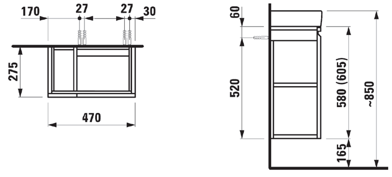 LAUFEN PRO S skříňka pod umývátko 47x27,5x58 cm, 1 police, 1 dvířka, panty vpravo, matná bílá H4830020954631 Technický nákres