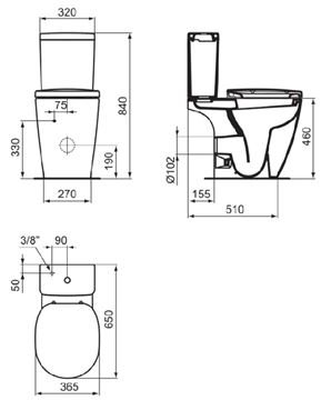 IDEAL STANDARD CONNECT FREEDOM PLUS 6 bezbariérová WC kombi mísa, zadní odpad E607001 Technický nákres