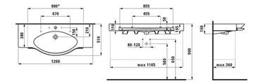 LAUFEN PALACE umyvadlo 120 cm, s otvorem pro baterii a přepadem, s držákem na ručník H8127040001041 Technický nákres
