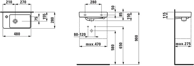 LAUFEN PRO S umývátko 48 cm, s otvorem pro baterii vlevo a přepadem H8159550001041 Technický nákres