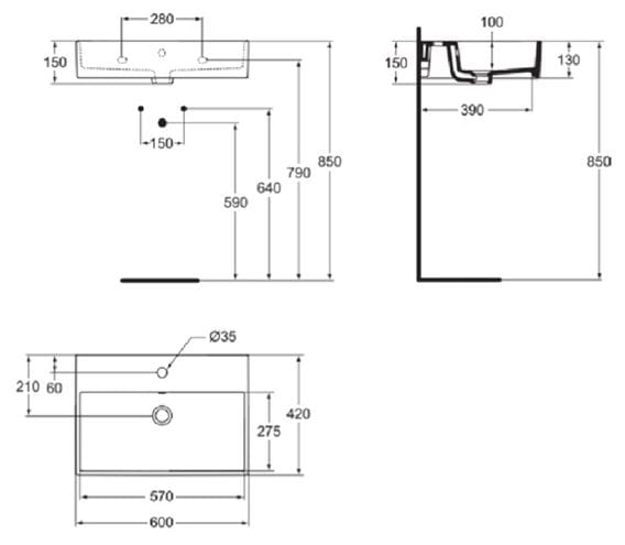 IDEAL STANDARD STRADA umyvadlo 60 cm, s otvorem pro baterii a přepadem K077801 Technický nákres