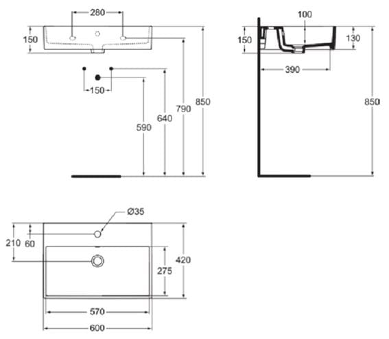 IDEAL STANDARD STRADA umyvadlo 60 cm, s otvorem pro baterii a přepadem, Ideal Plus K0778MA Technický nákres