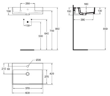 IDEAL STANDARD STRADA umyvadlo 60 cm, s otvorem pro baterii a přepadem, Ideal Plus K0778MA Technický nákres