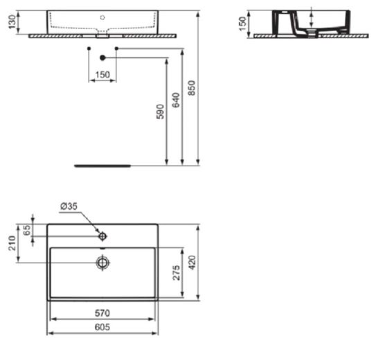 IDEAL STANDARD STRADA umyvadlo na desku 60 cm, s otvorem pro baterii a přepadem K078101 Technický nákres