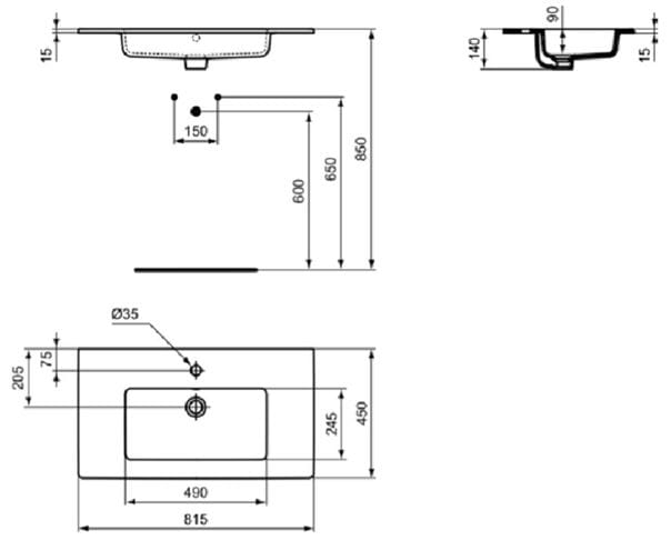 IDEAL STANDARD TEMPO umyvadlo 81,5 cm, s otvorem pro baterii a přepadem E066901 Technický nákres
