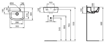 IDEAL STANDARD TEMPO umývátko 35 cm, s otvorem pro baterii vpravo, s přepadem T059701 Technický nákres
