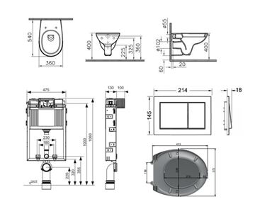 CONCEPT 100 závěsné WC s montážním prvkem TECEbox, sedátko, bílé tlačítko PT1.TEKF-KK.W.25 Technický nákres
