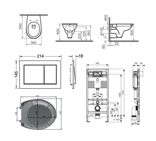 CONCEPT 100 závěsné WC s montážním prvkem TECEprofil, sedátko, bílé tlačítko PT1.TEDF-KK.W.26 Technický nákres