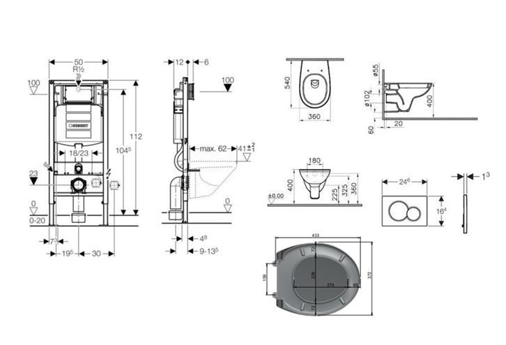 CONCEPT 100 závěsné WC s montážním prvkem Duofix, sedátko, bílé tlačítko PT2.GEDF-KK.W.4 Technický nákres