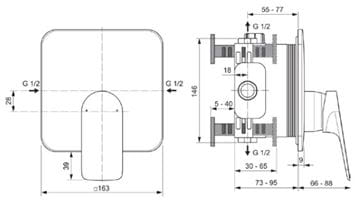 IDEAL STANDARD CERALIFE C sprchová podomítková baterie, chrom BE062AA Technický nákres