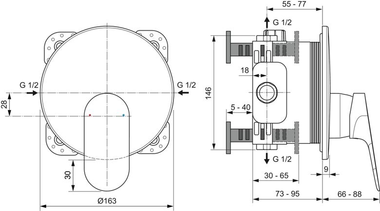 IDEAL STANDARD CERALIFE O sprchová podomítková baterie, chrom BE024AA Technický nákres
