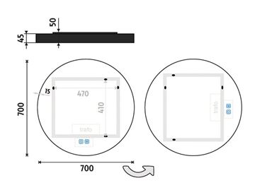 NIMCO ZP 31000 zrcadlo 70 cm, reverzibilní, s osvětlením, s regulací stmívání a teploty světla, se dvěma senzory ZPC 31001RVX-90 Technický nákres
