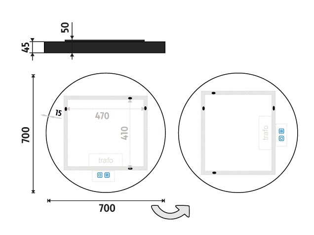 NIMCO ZP 31000 zrcadlo 70 cm, reverzibilní, s osvětlením, s regulací stmívání a teploty světla, se dvěma senzory ZPC 31001RVX-90 Technický nákres