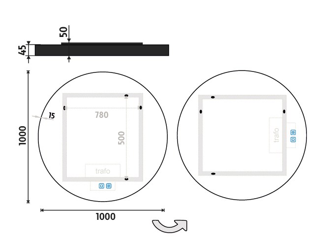 NIMCO ZP 31000 zrcadlo 100 cm, reverzibilní, s osvětlením, s regulací stmívání a teploty světla, se dvěma senzory ZPC 31004RVX-90 Technický nákres