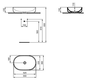 IDEAL STANDARD I.LIFE O umyvadlo na desku 55 cm, bez přepadu T573201 Technický nákres