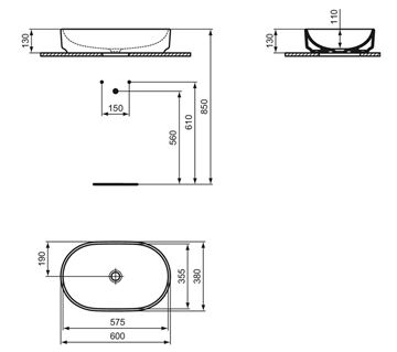 IDEAL STANDARD I.LIFE O umyvadlo na desku 60 cm, bez přepadu T573101 Technický nákres