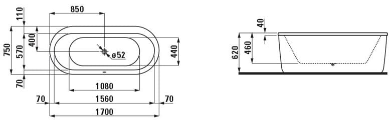 LAUFEN SOLUTIONS volně stojící vana 170x75 cm, s rámem a panelem, akrylát H2225120000001 Technický nákres