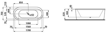 LAUFEN SOLUTIONS volně stojící vana 170x75 cm, s rámem a panelem, akrylát H2225120000001 Technický nákres