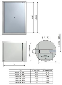 ROTH CARIBA WALK IN CI TWF stěna walk-in 110x200 cm, brillant/čiré sklo CI TWF 11020 VPF Technický nákres