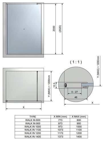 ROTH CARIBA WALK IN CI TWF stěna walk-in 110x200 cm, brillant/čiré sklo CI TWF 11020 VPF Technický nákres