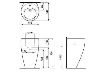 LAUFEN ILBAGNOALESSI ONE umyvadlo na podlahu 52 cm, s otvorem pro baterii, skrytý přepad, LCC H8119714001041 Technický nákres