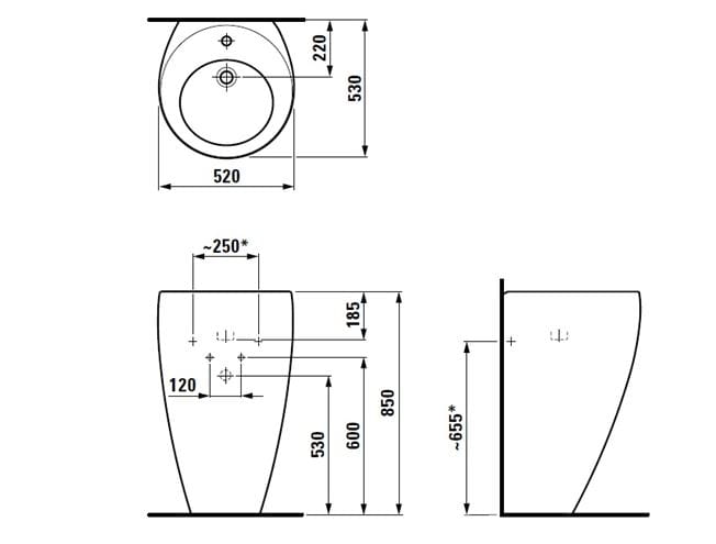 LAUFEN ILBAGNOALESSI ONE umyvadlo na podlahu 52 cm, s otvorem pro baterii, skrytý přepad, LCC H8119714001041 Technický nákres