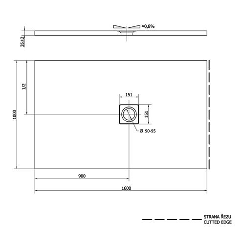 POLYSAN FLEXIA sprchová vanička 160x100 cm, litý mramor, bez nožiček 72920 Technický nákres