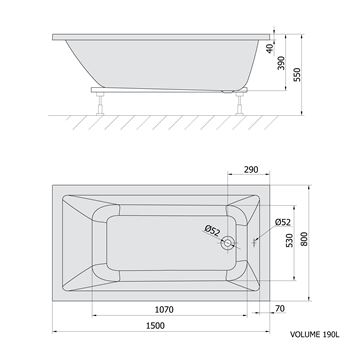 POLYSAN NOEMI vana 150x80 cm, bez nožiček, akrylát 71727 Technický nákres