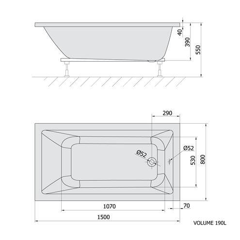 POLYSAN NOEMI vana 150x80 cm, bez nožiček, akrylát 71727 Technický nákres