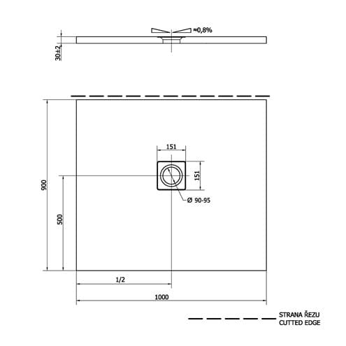 POLYSAN FLEXIA sprchová vanička 100x90 cm, litý mramor, bez nožiček 72925 Technický nákres