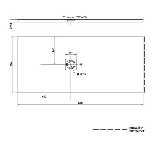 POLYSAN FLEXIA sprchová vanička 170x75 cm, litý mramor, bez nožiček 72919 Technický nákres