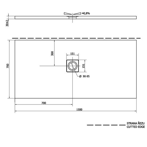 POLYSAN FLEXIA sprchová vanička 150x70 cm, litý mramor, bez nožiček 90131 Technický nákres