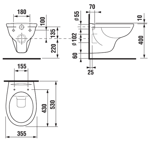 JIKA DINO WC závěsné WC, Rimless splachování H8213770000001 Technický nákres