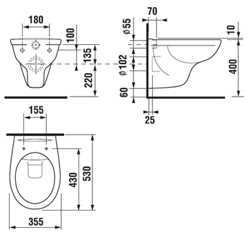 JIKA DINO WC závěsné WC, Rimless splachování H8213770000001 Technický nákres