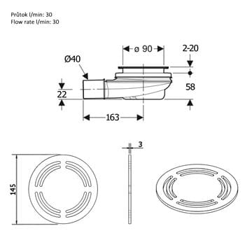 POLYSAN FLEXIA nízký vaničkový sifon pr. 90 mm, bílá 17771 Technický nákres