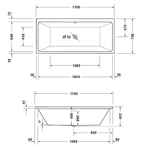 CONCEPT 200 NEW vana 170x75 cm, pro 2 osoby, bez nožiček, akrylát 700726000000000 Technický nákres