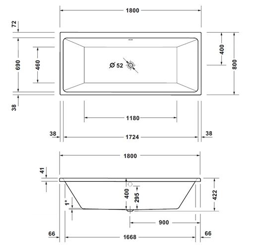 CONCEPT 200 NEW vana 180x80 cm, pro 2 osoby, bez nožiček, akrylát 700727000000000 Technický nákres