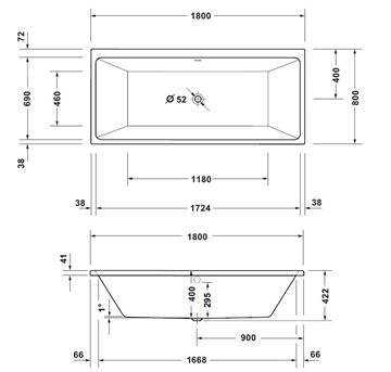 CONCEPT 200 NEW vana 180x80 cm, pro 2 osoby, bez nožiček, akrylát 700727000000000 Technický nákres