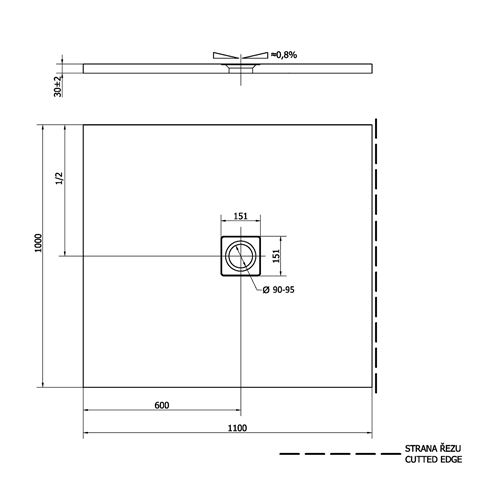 POLYSAN FLEXIA sprchová vanička 110x100 cm, litý mramor, bez nožiček, matná šedá 72922.31 Technický nákres