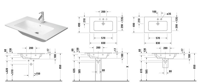 DURAVIT ME BY STARCK umyvadlo 83 cm, s otvorem pro baterii a přepadem, DuraShield 233683AA00 Technický nákres