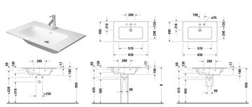 DURAVIT ME BY STARCK umyvadlo 83 cm, s otvorem pro baterii a přepadem, DuraShield 233683AA00 Technický nákres