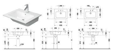 DURAVIT ME BY STARCK umyvadlo 63 cm, s otvorem pro baterii a přepadem, DuraShield 233663AA00 Technický nákres