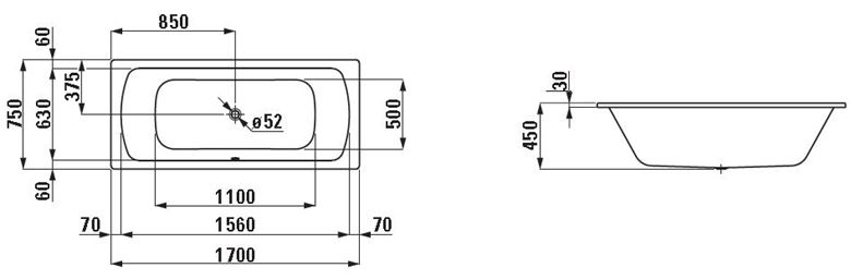 LAUFEN MODERNA PLUS vana 170x75 cm, pro 2 osoby, bez nožiček, smaltovaná ocel H2250700000401 Technický nákres
